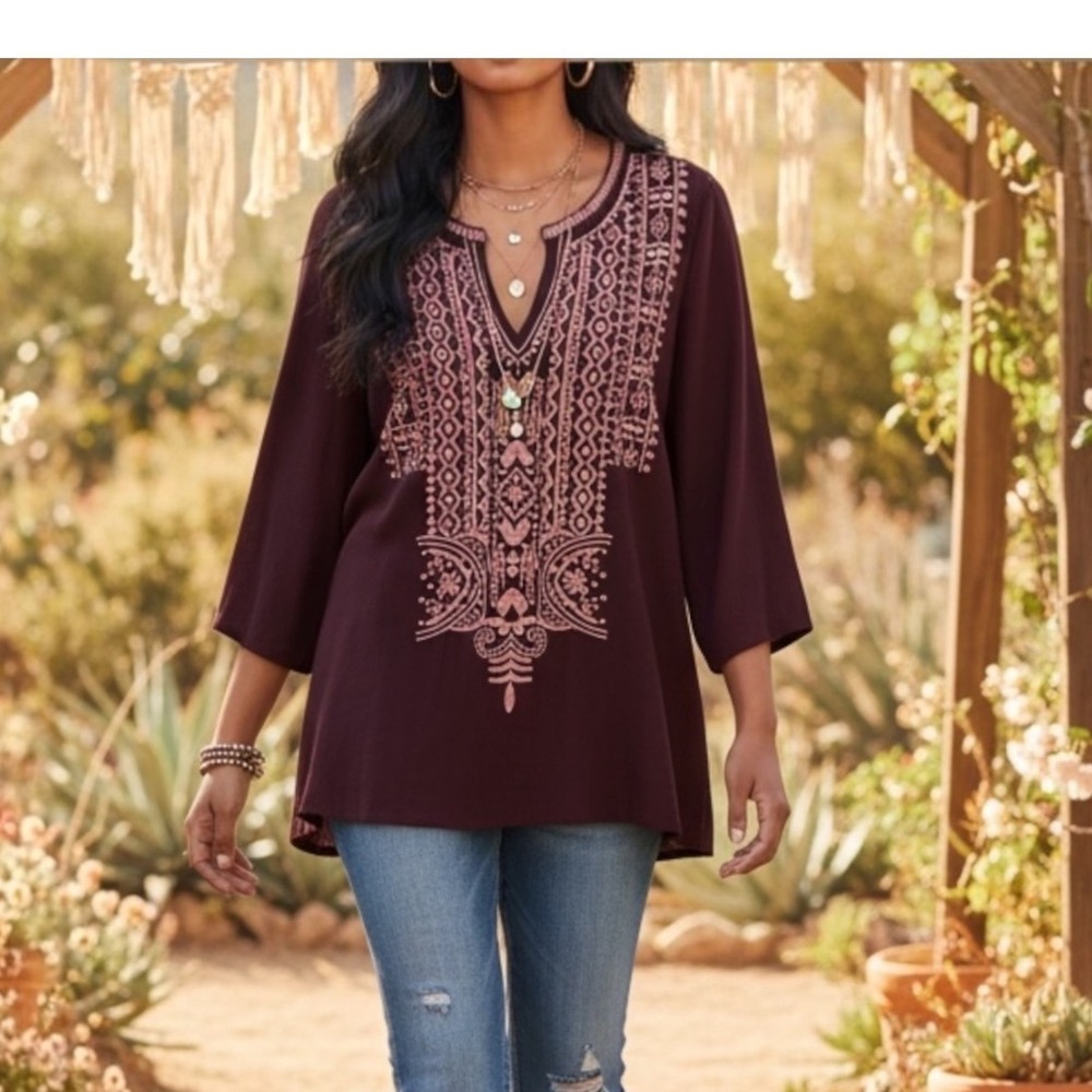 Pure Jill Tunic Top Womens Medium Petite Burgundy Boho Embroidered Peasant Shirt - Picture 1 of 12